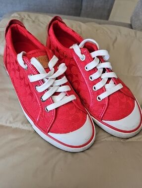 Coach Women’s Red Signature Canvas Low-Top Sneakers with White Accents